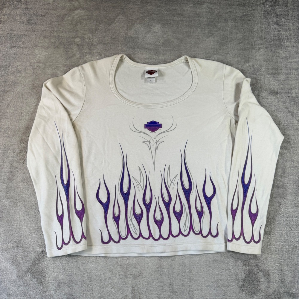Harley Davidson Shirt Women Large White Purple Flames Biker Y2K Long Sleeve